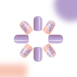 Purple Press on Nails Short Square Fake Nails Press ons with Designs Butterfly False Nails Glossy Full Cover Acrylic Glue on Nails Cute Artificial Spring Stick on Nails for Women Nails Manicure 24Pcs