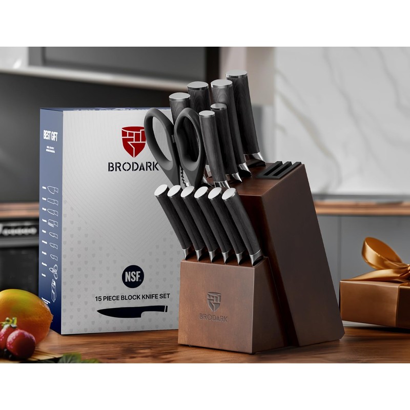 BRODARK Kitchen Knife Set, Ultra Sharp 15 Pcs Knife Set