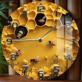 Bee & Honeycomb Wall Clock13 Inch 3D-Inspired Visual on 2D HD Print Round – Silent Non-Ticking Tempered Glass Decorative Wooden Kitchen Clock Modern Analog Wall Clock for Home Office Farmhouse Décor
