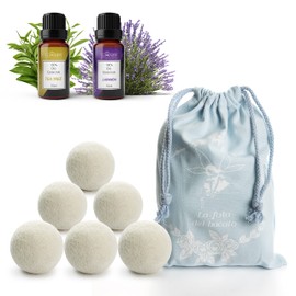 LUMINER® Dryer Balls, 6 Balls for Dryer, Wrinkle Resistant with 2 Essential Oils Lavender and Tea Tree Wool Balls for Tumble Dryers