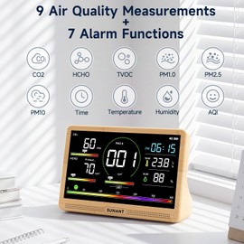 16-in-1 Air Quality Monitor Indoor, 7' Smart Large Display 9 AQI+7 Alarm Alerts, Real Time CO2, Formaldehyde, TVOC, PM2.5, PM10, Temperature & Humidity Portable Battery Powered Tester for Home, Office