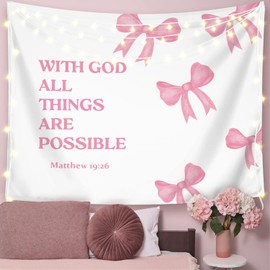 LIANGW Coquette Pink Bow Christian Tapestry Wall Hanging, Preppy Room Decor, with God All Things are Possible Inspirational Bible Verse Wall Blanket Decor for Girls Room Dorm Apartment, 50x60 Inch