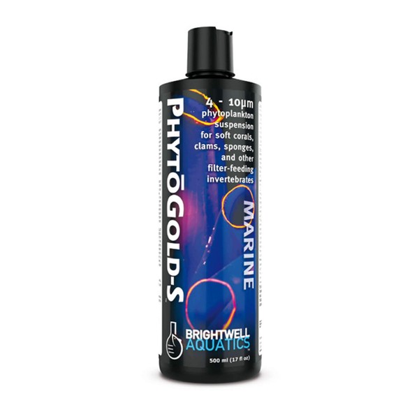 Brightwell Aquatics PhytoGold-S, 4-10 Micron phytoplankton Suspension for Soft Corals, Clams, sponges, and Other Filter-feeders, 500ml