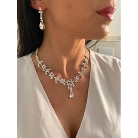 ONDEGO® 3er Set Tropfen SILBER Strass Schmuck Kette Schmuckset Armband Hochzeit Collier Halskette Brautschmuck Kommunion Ball Abiball