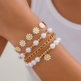 Aneneiceera Vintage Geschichtet Gänseblümchen Perle Armband Acryl Gänseblümchen Blume Armbänder Stapeln Gold Perle Armbänder Hochzeit Blumen Armband Hand Kette Schmuck Für Frauen 4pcs