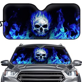 Biyejit Blue Fire Skull Print Car Windshield Visor Cover Thicken Foldable for Heat Sun Prevention, Universal Auto Decorative Accessories
