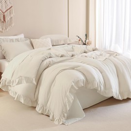 Andency Beige Comforter Set King, 3 Pieces Farmhouse Shabby Chic Ruffle Comforter, Lightweight Fluffy Soft Microfiber All Season Solid Bed Comforter Set (1 Ruffle Comforter & 2 Pillowcases)