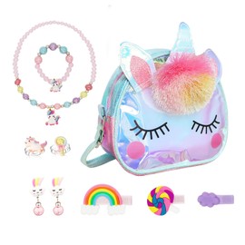 ICEBLUEOR Unicorn Gifts for Girls,Unicorn Crossbody Bag with Jewelry Sets,Necklace Bracelet Rings Earrings Hair Clips for Girls Age 3-8,Princess Dress up Accessories for Birthday Christmas Party Gifts