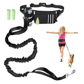 Hands Free Dog Lead for Medium Dogs - Adjustable Water-Resistant Running Waist Belt with Poop Bag Dispenser & Pouch for Large Small Dogs, Reflective Bungee Leash Dual Handles for Hiking