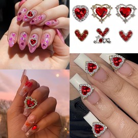Valentine's Day Nail Charms for Nail Art, -15 Pcs Heart Nail Charms Red Heart Nail Rhinestones 3D Crystal Alloy Gold Silver Heart Nail Gems Charms for Acrylic Nails DIY Nail Decoration Supplies