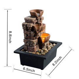 Haobos Indoor Tabletop Fountain 3-Tier Rockery Relaxation, Soothing Sound Home/Office/Bed Room Decor,Gifts for Mom/Grandma Relaxing Waterfall Meditation Tabletop Fountain LED Lights