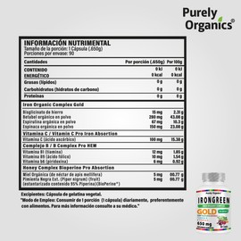 IronGreen, Bisglicinato de Hierro. Impulso Natural: Refuerzo de Hierro, Poder del Betabel, Beneficios de Espirulina, Energía de Espinaca, Absorción Superior. Bote con 90 Cápsulas. Purely Organics.