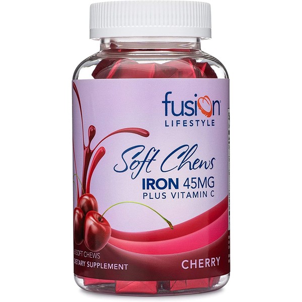 Fusion Lifestyle Iron Supplement for Women and Men, Cherry Flavored Iron Soft Chew Plus Vitamin C for Iron Deficiency and Anemia, 2 Month Supply, 60 Count