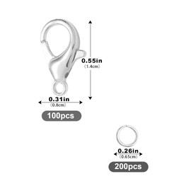 Chain Clasp, Pack of 100, Bracelet Clasps, 14 mm with 200 Jump Rings, Chain Clasps, Jewellery Clasp, Lobster Clasp, Clasps for Jewellery Making (Silver)