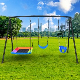 Hapfan 440lb Heavy-Duty Frame Metal Swing Set w/3 Swing Outdoor Play Kids Toddler Swing