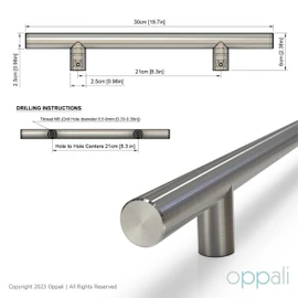 oppali Brushed Stainless Steel 304 Entrance Door Pull Handle | Handle Diameter 25mm | Round T-Bar | 30cm Total Length