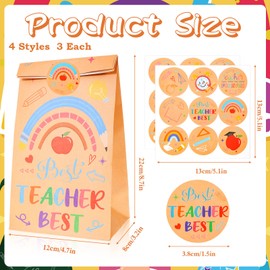 HOWAF 12pcs Teachers Appreciation Kraft Paper Candy Bags, Thank You Teacher Gift Bag with Stickers for Teachers Appreciation Week Party Supplies Decorations Teachers Appreciation Goodie Bags