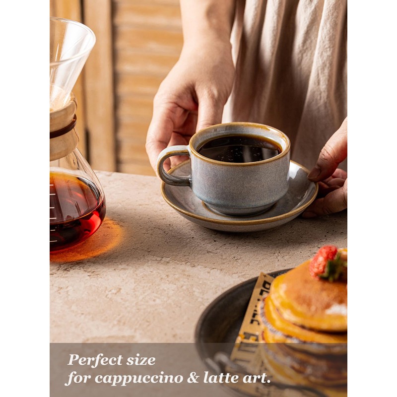 Gomakren 6 Ounce Cappuccino Cups with Saucers and Metal Stand,