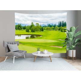 Loccor Fabric 12x8ft Golf Course Backdrop Blue Sky White Clouds Green Grass Trees Lawn Pond Photography Background Golf Sports Party Decorations Holiday Vacation Birthday Banner Photo Studio Props