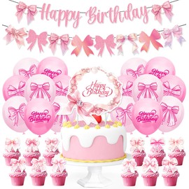 Pink Bow Birthday Party Decorations, 44 Pcs Bow Birthday Party Supplies, Pink Bow Birthday Banner Bow Party Hanging Swirls Set for Girls and Women