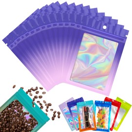 Purple Pink Foil Ziplock Bags Small Smell Proof Bag Mylar Bags Holographic Packaging Bags,50pcs 12x18cm Resealable Storage Pouches Grip Seal Bag Clear Plastic Bags for Food Storage,Jewelry,Electronics