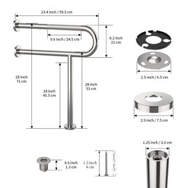 Toilet Support Rail 23.4X 28 Inch, Munzong Anti-Slip Chrome Handicap Grab Bar for Bathroom, Stainless Steel Knurled Safety handrails with Leg for Elderly Disabled Pregnant-1.25’Tube