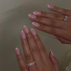 KQueenest 30 Pcs Light Rosa French Tip Press On Uñas Cortas Almendras Acrílico, Natural Nude Mediano Uñas Falsas Prensas Ons, Pegamento Clásico En Uña