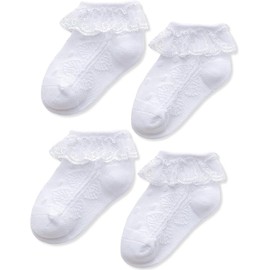 2 Pairs Baby Girl Cotton Lace Socks - Breathable Baptism/Christening Socks with Non-Slip Grip, Elastic Ruffled Ankle Sock for Newborns to Toddlers, Church Weddings & Daily Wear