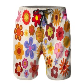 Mens Quick Dry Swim Trunks with Mesh Lining,Green Hippie Vintage Flowers 60S 70S Orange 1960 Seventies Retro,Summer Surf Long Beach Pants Board Shorts Bathing Suits XL