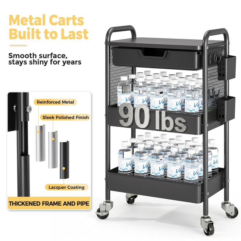 3 Tier Metal Rolling Cart with Drawer, Black Utility Storage