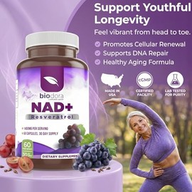 Resveratrol NAD+ 1400mg | Suplemento antioxidante NAD Trans-Resveratrol con NAD | Apoya la salud celular, la energía y el antienvejecimiento (60 cápsu
