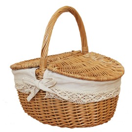 [メルカド かご収納雑貨の店]フタ付き ウィッカー ピクニック バスケット (レース)