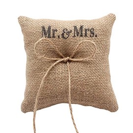 lasenersm Hessian Burlap Jute Bow Twine Bridal Wedding Ring Pillow 15 x 15cm Mr & Mrs Vintage Burlap Wedding Ring Bearer Pillow Cushion for Wedding or Jewelry Shop Display Jewelry Ring