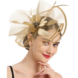 Hrxcrzco Tea Party Fascinator Hats for Womens 50s Floral Feather Headwear Derby Hats for Wedding Cocktail Party Hat, Earthy Yellow