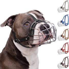 BRONZEDOG Pitbull Dog Muzzle Breathable Metal Basket for Large Dogs Amstaff Staffordshire Terrier Biting Chewing Barking (Leather, Black)