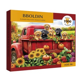 Dog Truck Flower Puzzle 1000 Pieces for Adults, Farm Fall Autumn Sunflower Jigsaw Puzzle, Animal Country Vintage Funny Puzzles