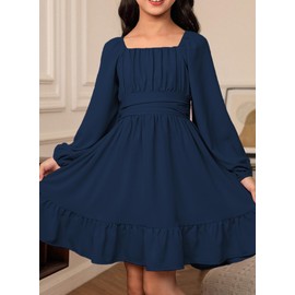 blibean Girl Long Sleeve Tie Back Dress Teens Fall Boho Semi Formal Dresses Tweens Holiday Off Shoulder Outfits Little Kids Fancy Party Valentines Clothes Size 10-11 Years Old Dark Blue