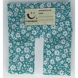 the Wrapper, Re Wrap It Sandwich Bags, White Flowers On Teal, No Waste Packaging, Eco Friendly, Reusable Food Wraps. Made In Scotland.