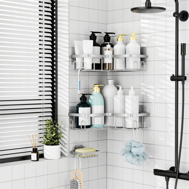 Moforoco Corner Shower Caddy Shelf Organizer Rack, Self Adhesive Black