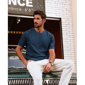 PJ PAUL JONES Blue Shirts for Men T Shirts Short Sleeve Crew Neck Textured Knit Tee Summer Casual Fashion Pullover Tops L