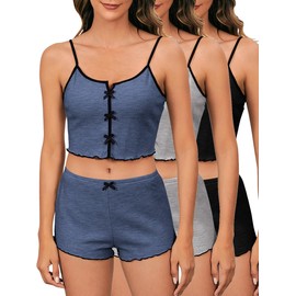 SOLY HUX Women's 3 Sets Pajamas Lounge Sets Cute Bow Front Crop Cami Tops and Shorts PJs Sleepwear Black Grey Blue XL