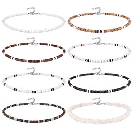 REVOLIA 8Pcs Puka Shell Necklace for Men Women Summer Beach Surfer Necklace Men Hawaiian Seashell Choker with Clam Chip Beads Beach Jewelry Set 16/18 Inches 16Inch