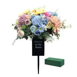 Metal Grave Memorial Vase Flower Holder in Ground Cemetery Vase Grave Decorations with Spikes and Floral Foam (Round)