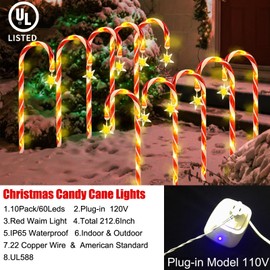 Christmas Candy Cane Lights Outdoor - 10 Pack 21 Inch Christmas Pathway Lights with Stars Waterproof for Yard Walkway Patio Outside Decoration