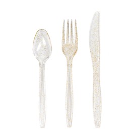MATANA 300 Gold Glitter Plastic Silverware Set 100 Spoons 100 Knives 100 Forks, Heavy Duty Clear Plastic Cutlery Set Party Utensils for Wedding Receptions, Birthday Parties, Banquet & Catering