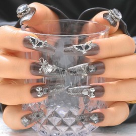 Sethexy Black Rhinestone Handmade False Nails Long Coffin Glitter Acrylic Press On Nails 3D Crystal Metallic False Nails for Women and Girls 10 Pieces (1)