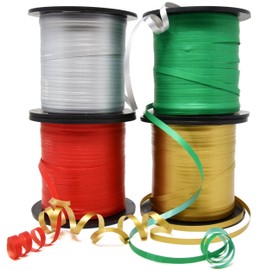 Christmas Curling Ribbon Pack of 4 Rolls Green, Red Gold & Silver; Holiday Party Crafts Supplies Decorations- 350 Yards per Roll – Total of 4200 Feet 5 mm Ribbon; by Gift Boutique