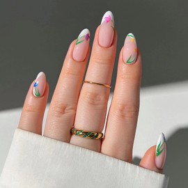 MISUD Almond Press on Nails Medium Fake Nails Glossy Glue on Nails White French Tip Acrylic Nail Supplies Stiletto Artificial Nail Art Flower Stick on False Nails with Design DIY 24 pcs