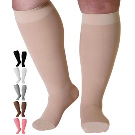 Mojo Compression Socks for Women and Men 20-30mmHg Plus Size - Medical Knee High Compression Stockings with Wide Calf for Flights, Airplane, Nursing - Beige, 5X-Large - AB201
