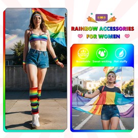 Junely 80s Accessories for Women Neon Leg Warmers Headband and Wristbands Set Knit Legwarmers for Pride Day Ballet Dance Figure Skating Ice Skating Boot Rainbow